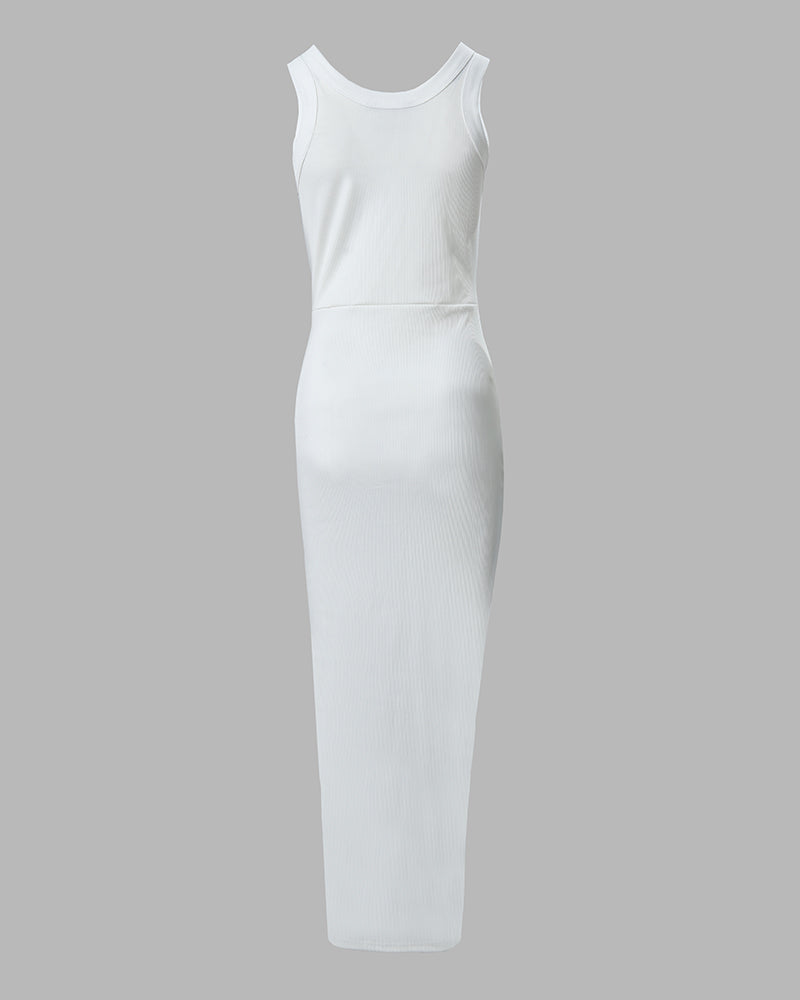 Sleeveless Ruched Bodycon Drawstring Side Slit Maxi Dress | Meave & Ivy