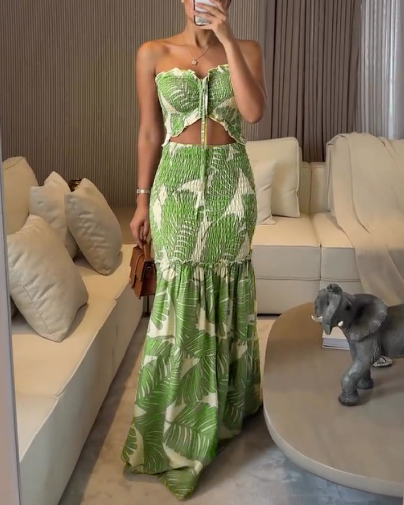 Tropical Print Halter Tie Cinched Waist Mermaid Vacation Maxi Dress | Meave & Ivy