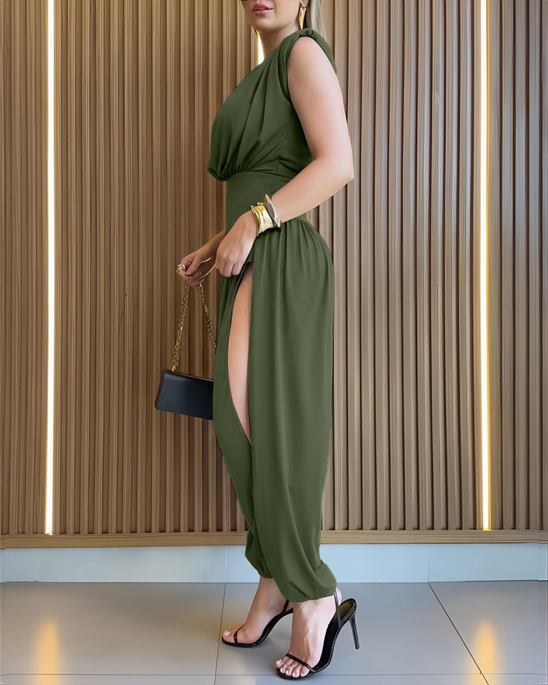 Padded Shoulders Sleeveless Cinched Waist Side High Slit Jumpsuit | Meave & Ivy
