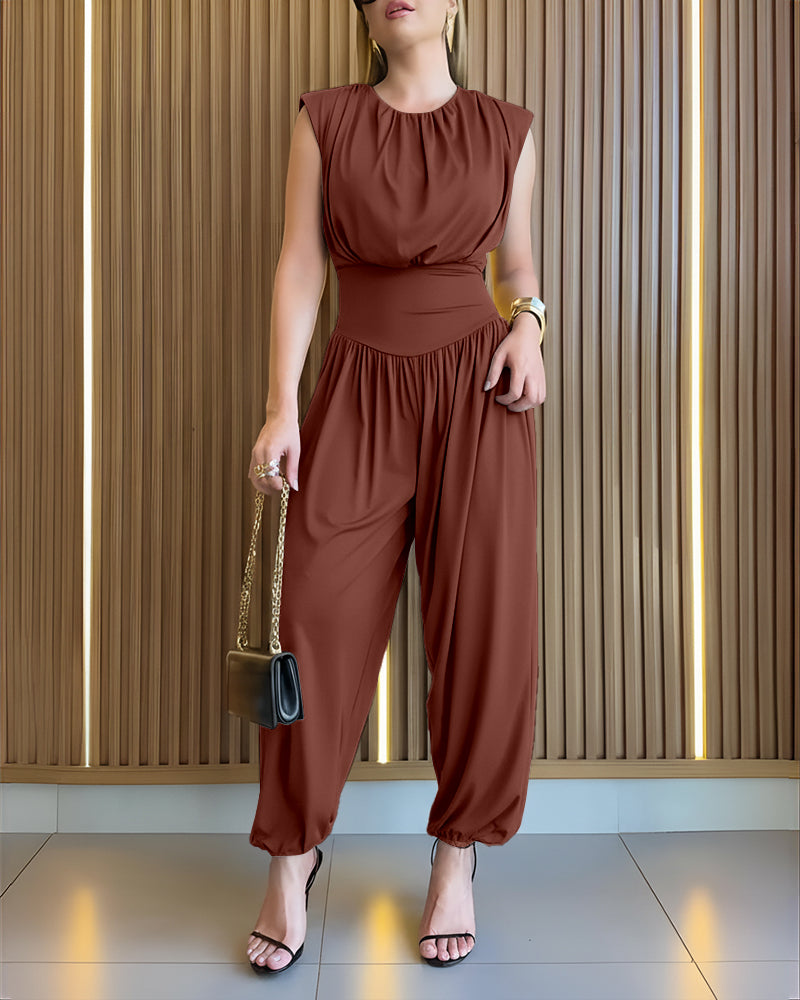 Padded Shoulders Sleeveless Cinched Waist Side High Slit Jumpsuit | Meave & Ivy