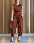 Padded Shoulders Sleeveless Cinched Waist Side High Slit Jumpsuit | Meave & Ivy