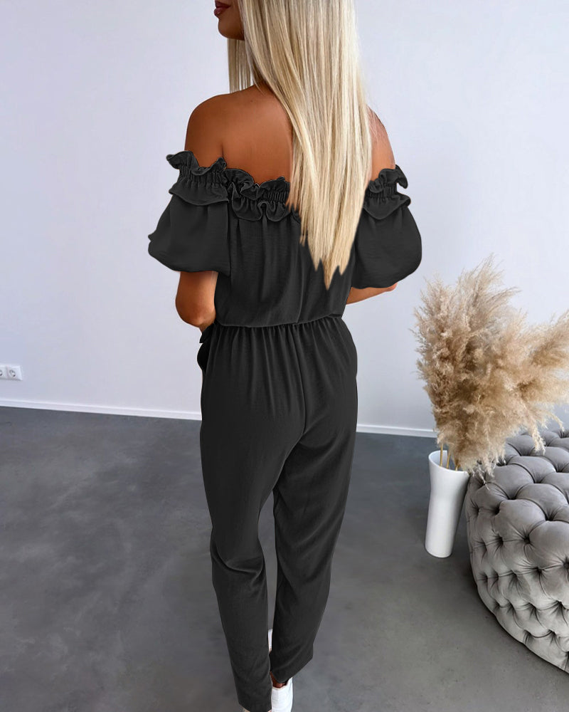 Off-Shoulder Frill Trim Short Sleeve Tie Waist Casual Jumpsuit | Meave & Ivy