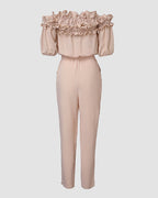 Off-Shoulder Frill Trim Short Sleeve Tie Waist Casual Jumpsuit | Meave & Ivy