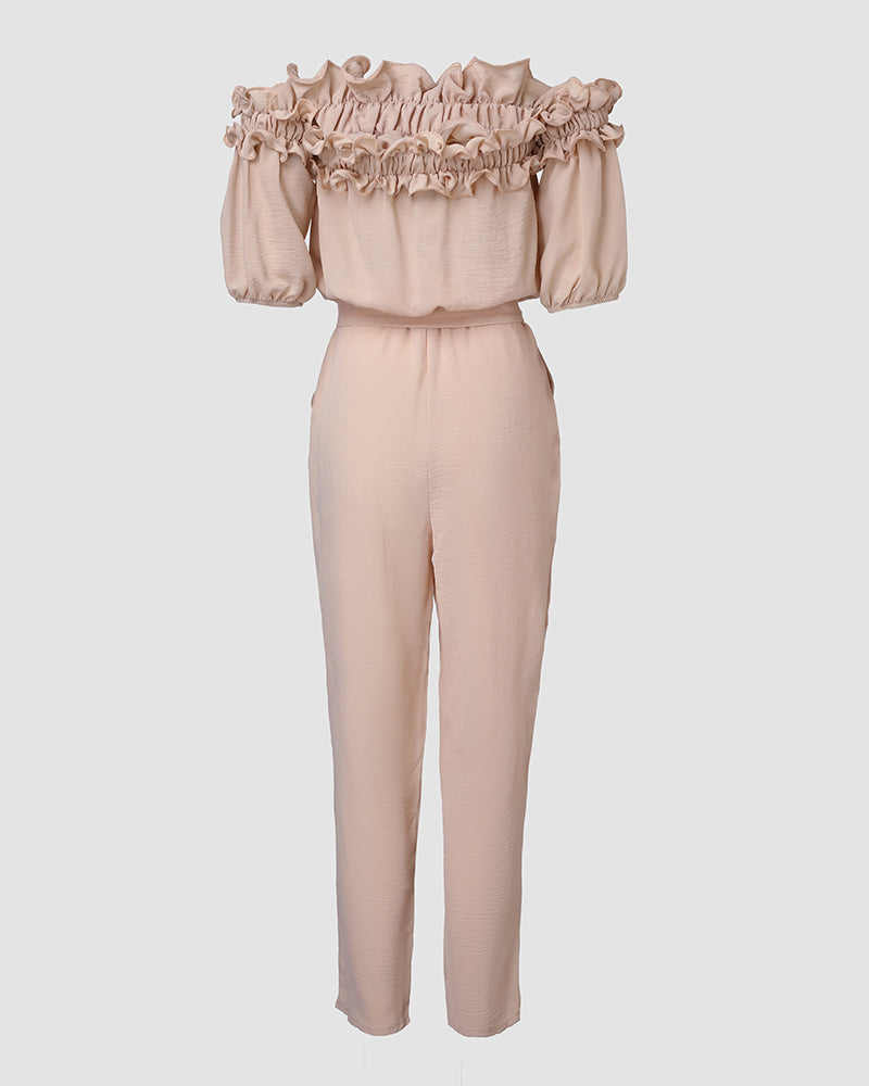 Off-Shoulder Frill Trim Short Sleeve Tie Waist Casual Jumpsuit | Meave & Ivy