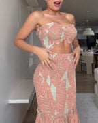 Tropical Print Halter Tie Cinched Waist Mermaid Vacation Maxi Dress | Meave & Ivy