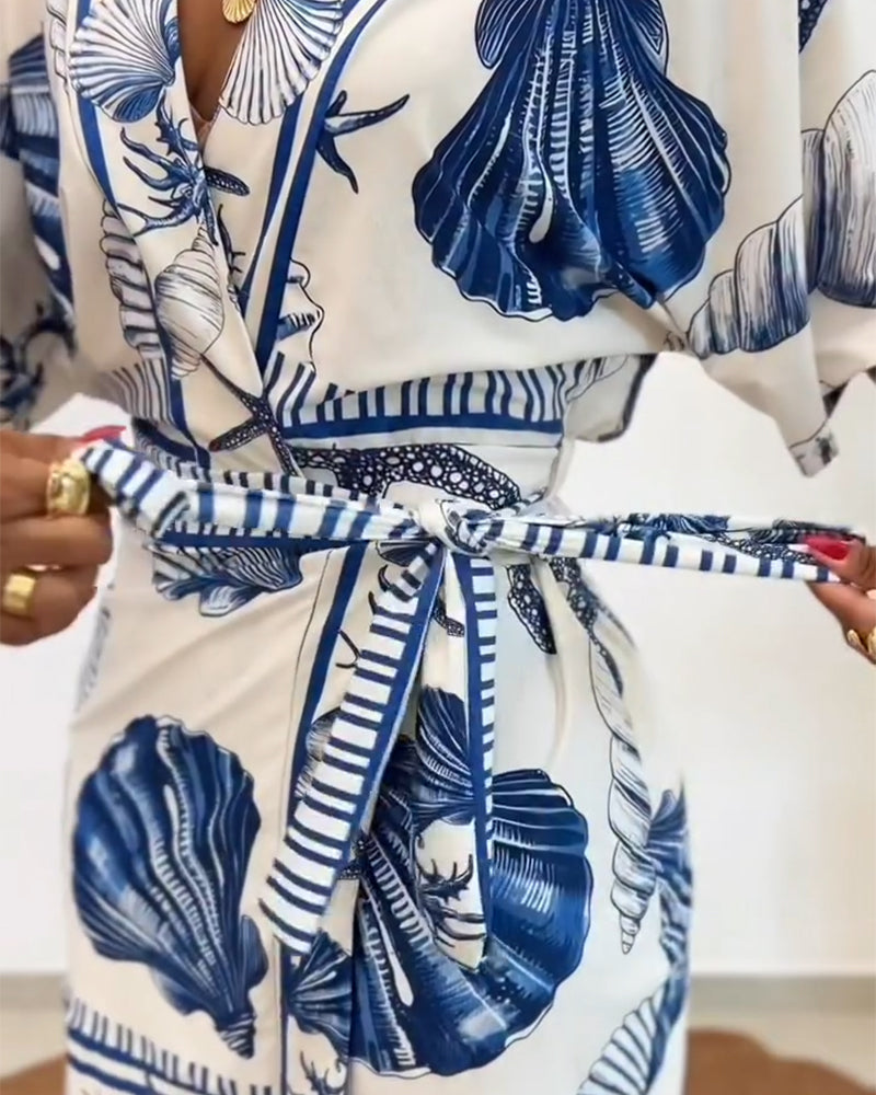 Starfish and Seashell Print V-Neck Half Sleeve Wrap Knot Romper | Meave & Ivy