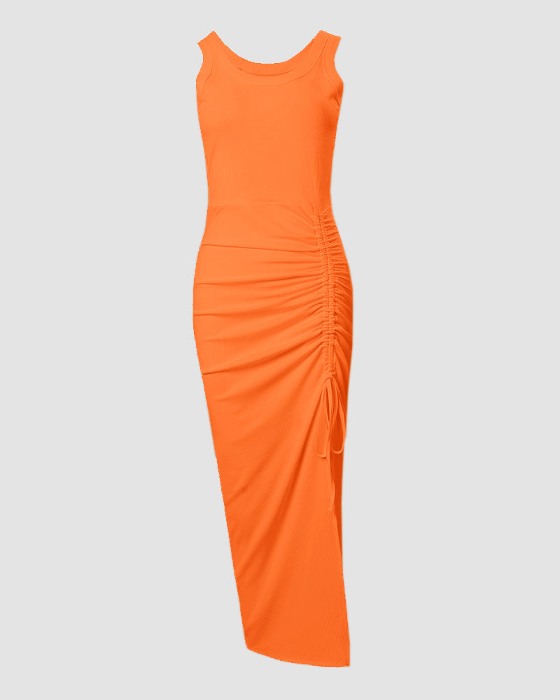 Sleeveless Ruched Bodycon Drawstring Side Slit Maxi Dress | Meave & Ivy
