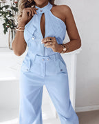 Two-Piece Sleeveless High Neck Cargo Top and Cuffed Trousers Set | Meave & Ivy