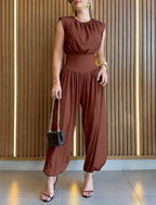 Padded Shoulders Sleeveless Cinched Waist Side High Slit Jumpsuit | Meave & Ivy