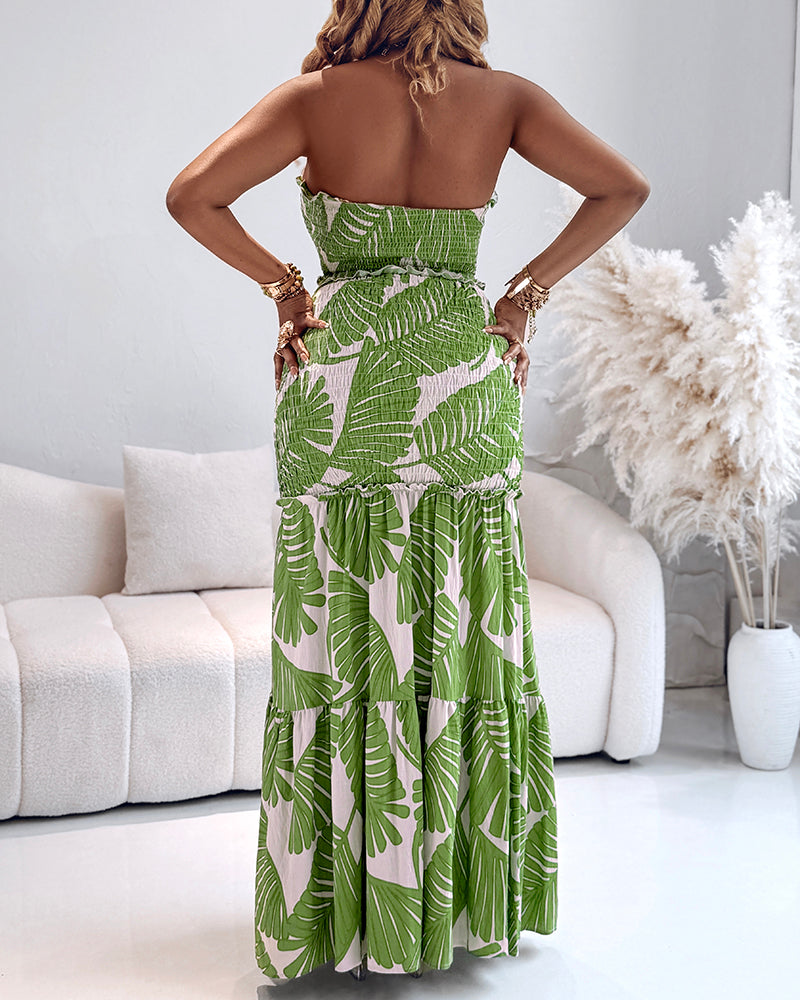 Tropical Print Halter Tie Cinched Waist Mermaid Vacation Maxi Dress | Meave & Ivy