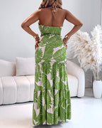 Tropical Print Halter Tie Cinched Waist Mermaid Vacation Maxi Dress | Meave & Ivy