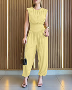 Padded Shoulders Sleeveless Cinched Waist Side High Slit Jumpsuit | Meave & Ivy