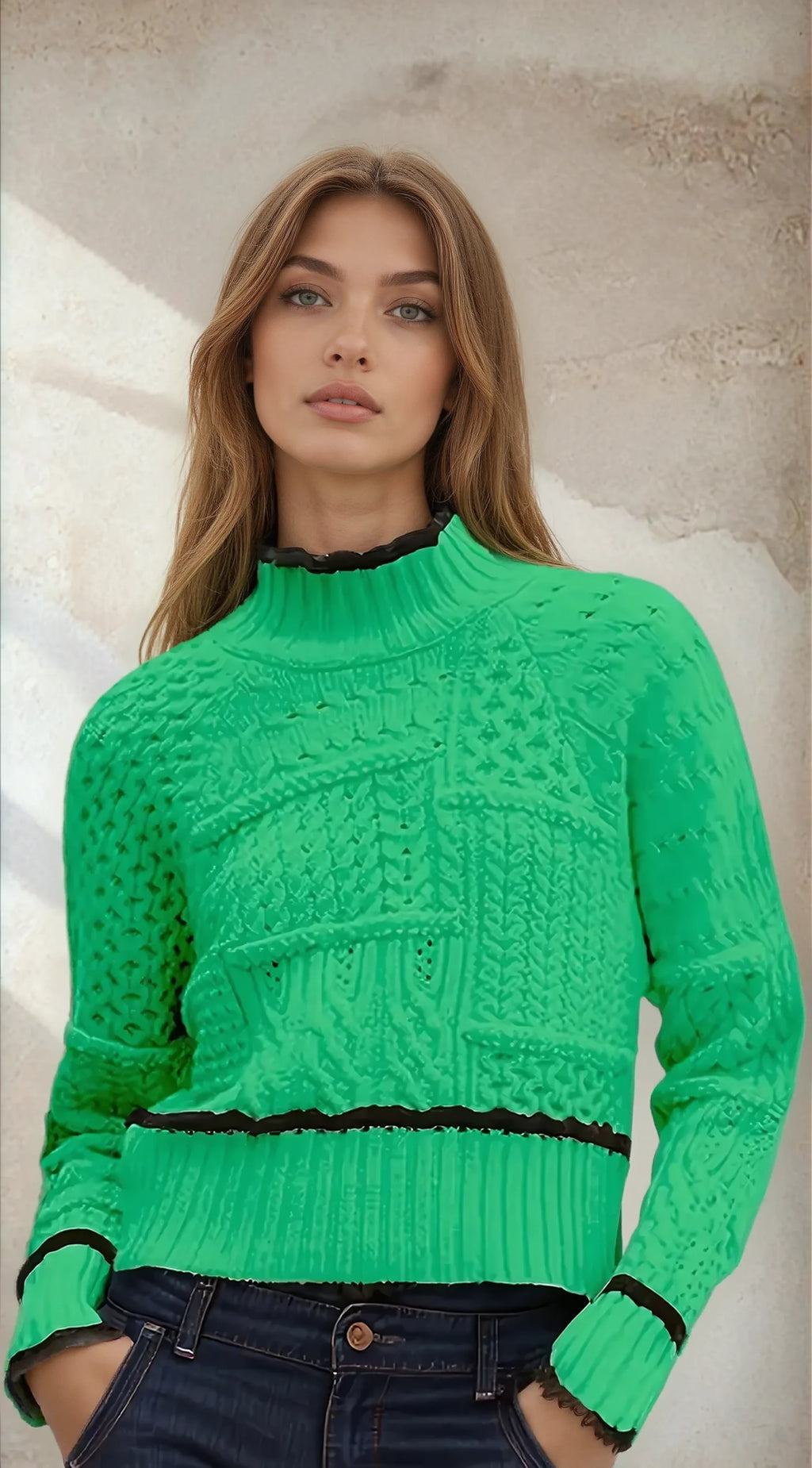 Geometric Cable Knit Jumper in Green – Contrast Trim