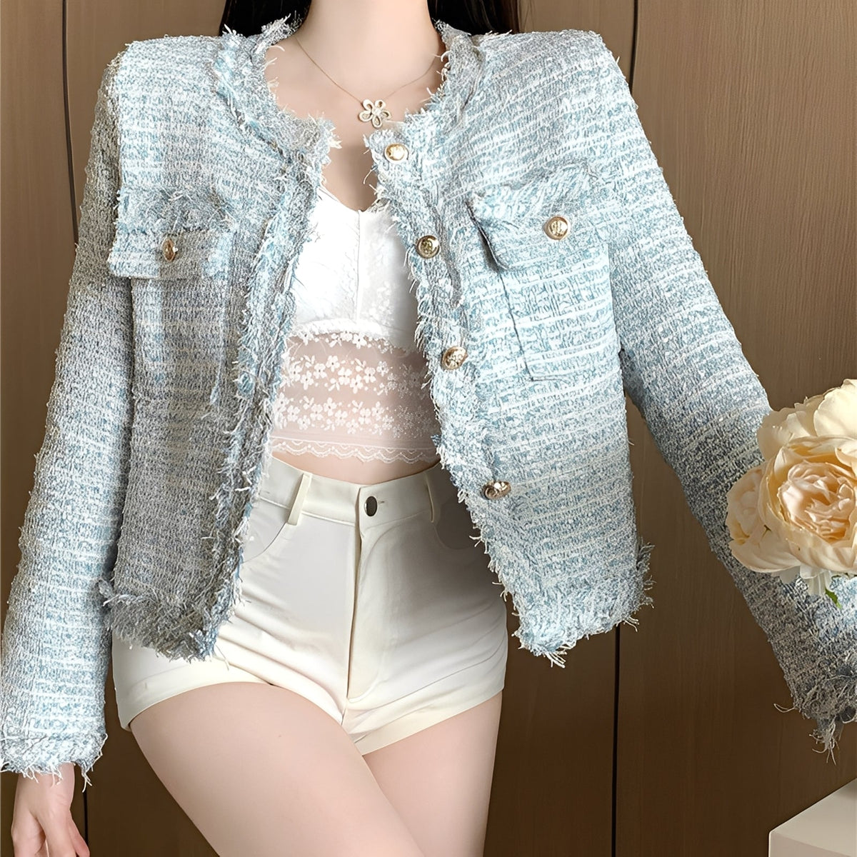 Women's Cropped Bouclé Tweed Jacket with Gold Tone Buttons and Frayed Edges