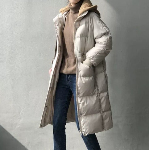 Women's Long Hooded Quilted Winter Coat with Contrast Sleeve Stripes