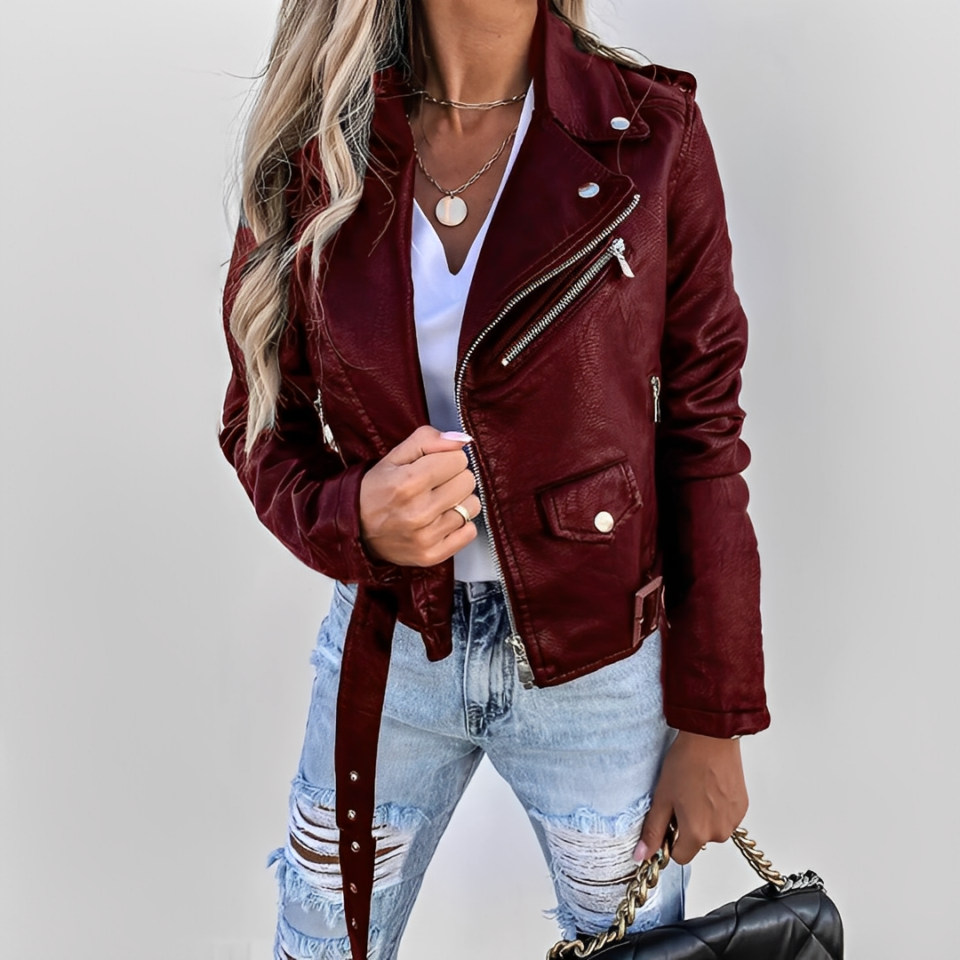 Women's Fitted Faux Leather Biker Jacket with Asymmetric Zip Fastening