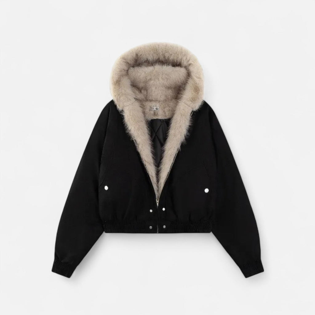 Women's Cropped Hooded Winter Bomber Jacket with Plush faux fur Trim