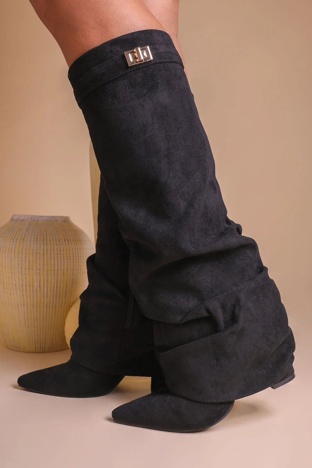 Slouch Boots with Low Heel & Pointed Toe – Women's Ruched Boots