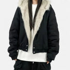 Women's Cropped Hooded Winter Bomber Jacket with Plush faux fur Trim