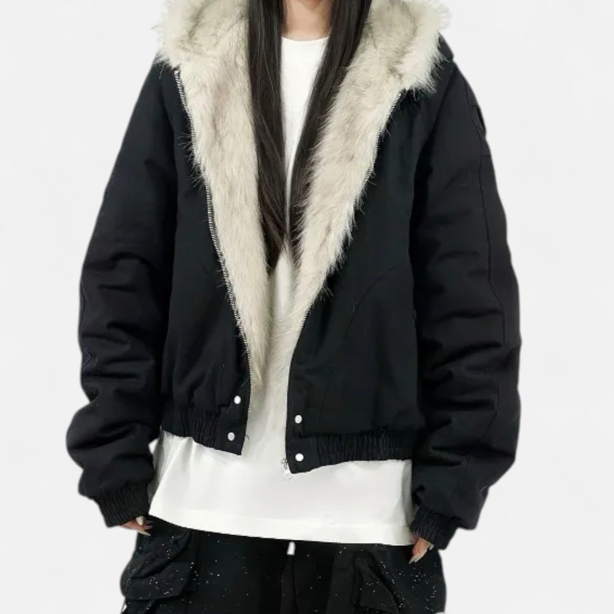 Women's Cropped Hooded Winter Bomber Jacket with Plush faux fur Trim