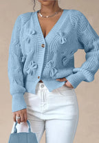 Women's Cable Knit Cardigan with Decorative Bows and V-Neck
