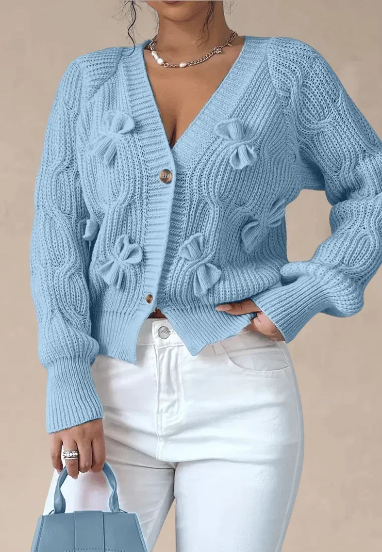 Women's Cable Knit Cardigan with Decorative Bows and V-Neck
