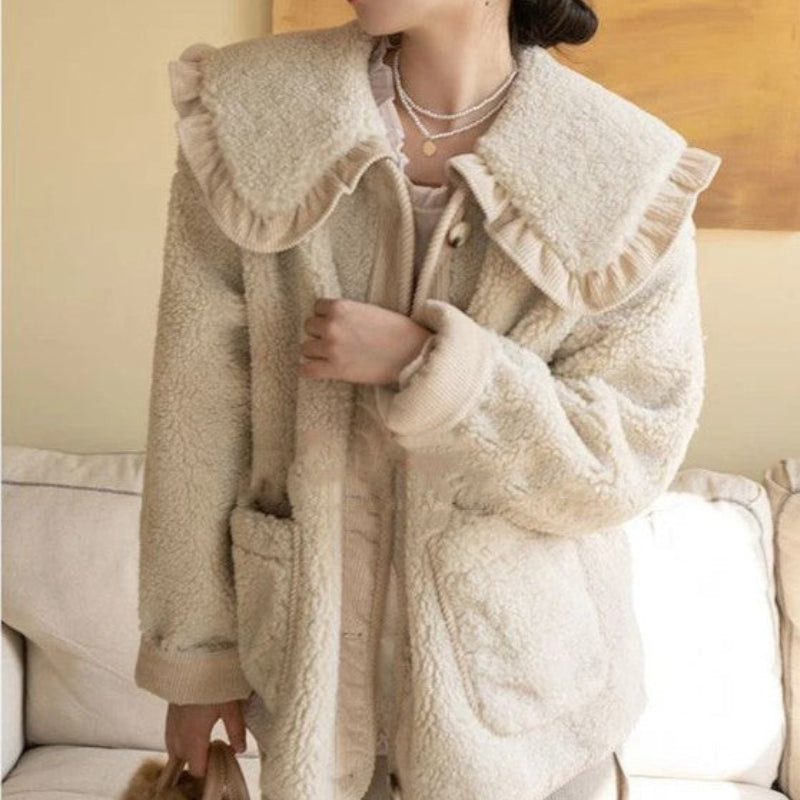 Women's Longline Teddy Fleece Coat with Oversized Ruffled Collar