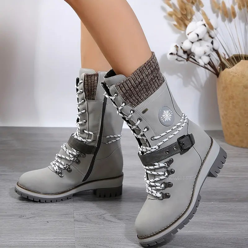 Women's Lace-Up Mid-Calf Winter Boots – Knitted-Cuff Zip-Up Chunky-Sole