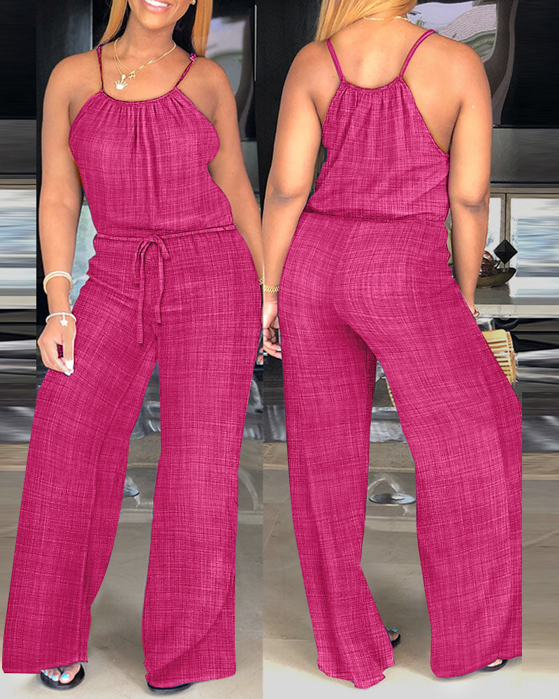 Spaghetti Strap Drawstring Tied Waist Casual Jumpsuit | Meave & Ivy