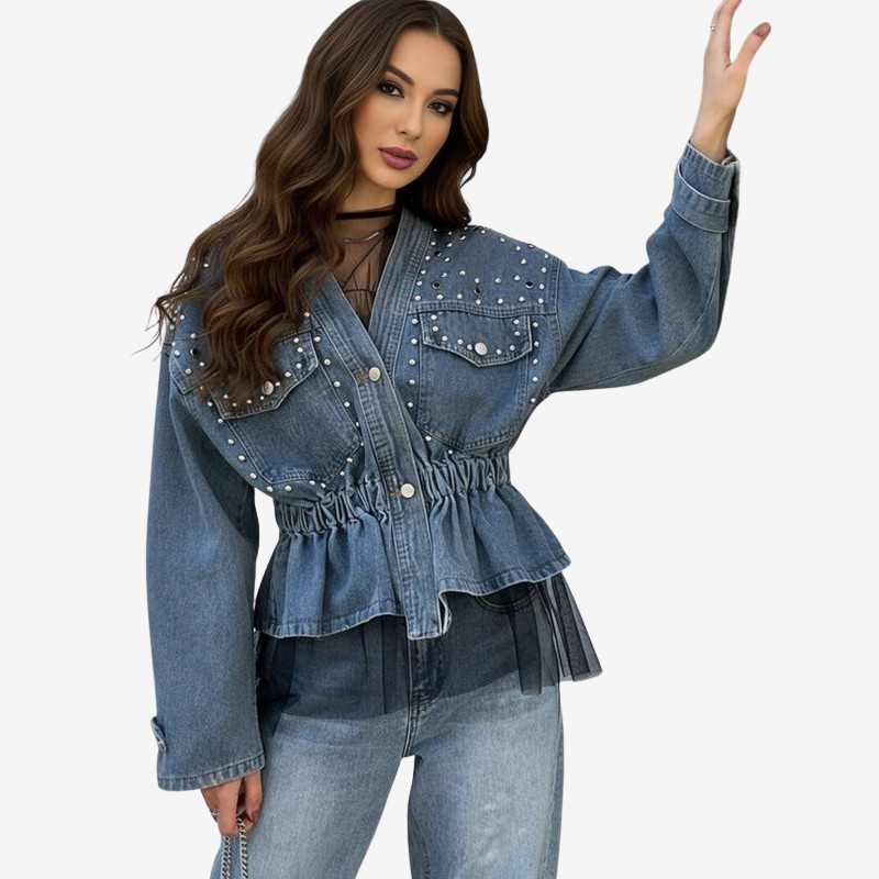 Women's Studded Denim Peplum Jacket with Button Front and Gathered Waist