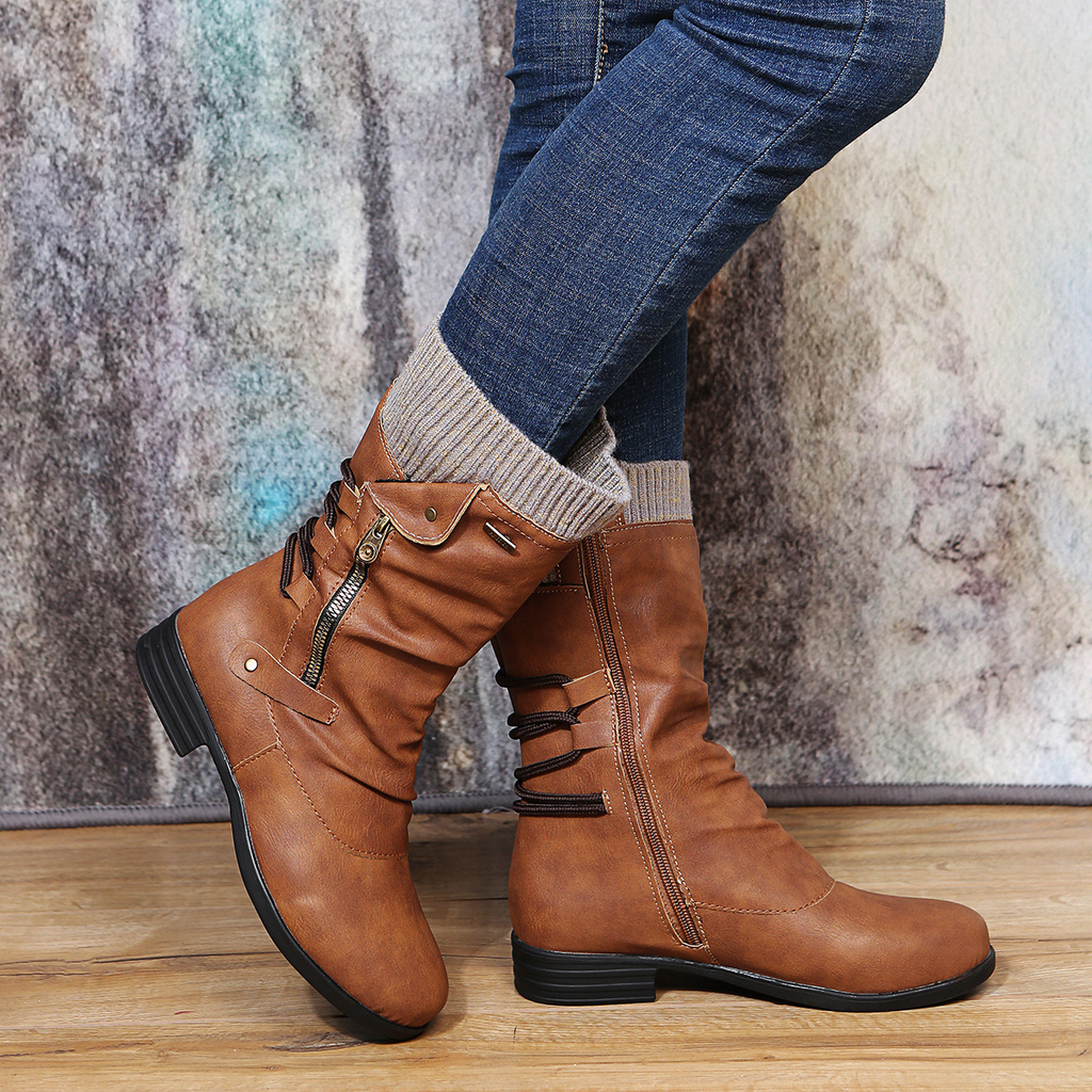 Women's Warm Mid-Calf Winter Boots – Side-Zip Buckle-Detail Casual Style