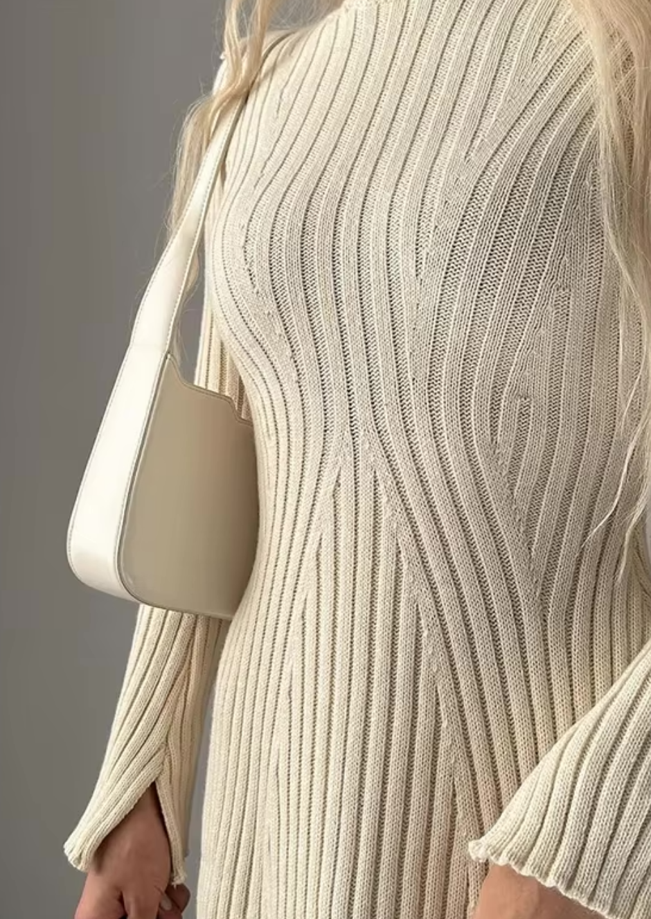 Knitted Mini Dress with Long Sleeves – Ribbed Stretch Jumper Dress