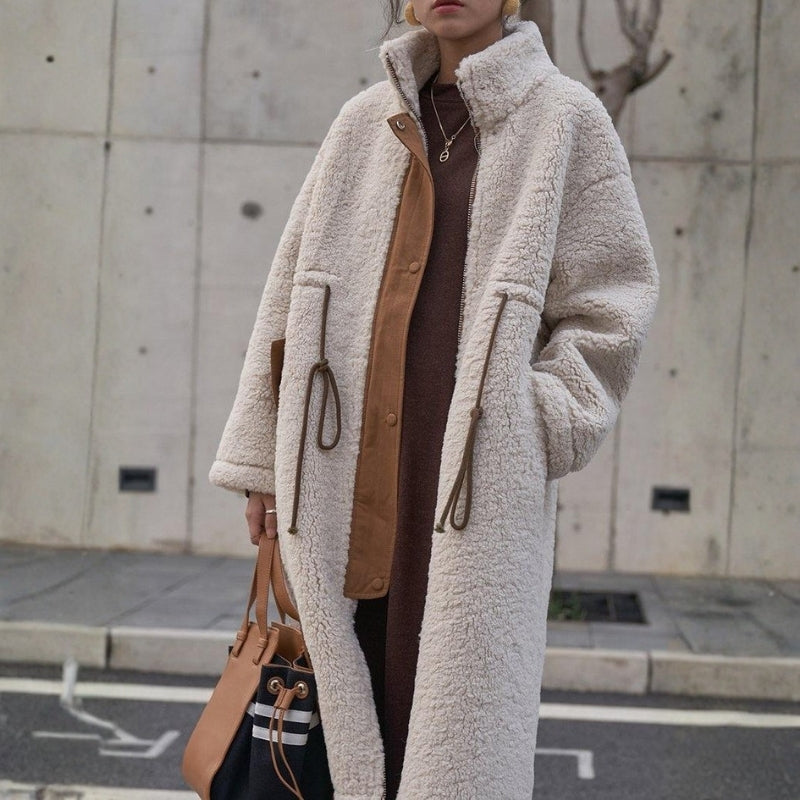 Women's Longline Teddy Fleece Winter Coat with High Collar and Adjustable