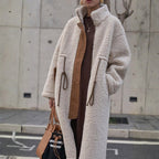Women's Longline Teddy Fleece Winter Coat with High Collar and Adjustable