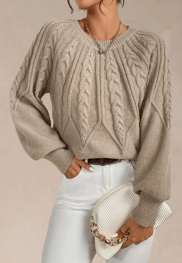 Women's Elegant Cable Knit Crew Neck Sweater with Puff Sleeves and Ribbed
