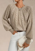 Women's Elegant Cable Knit Crew Neck Sweater with Puff Sleeves and Ribbed