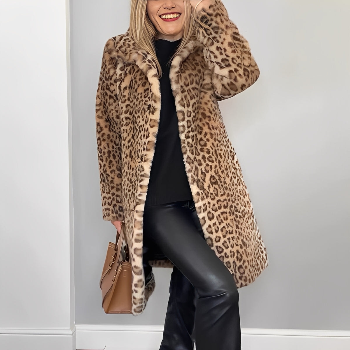 Women's Elegant Leopard Print Faux Fur Winter Coat with Plush Oversized