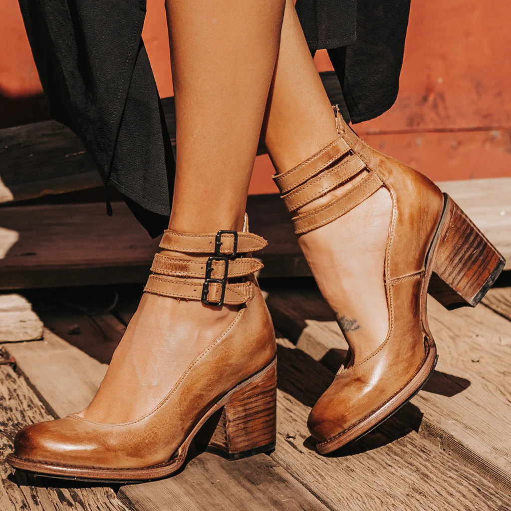 Block-Heel Buckle-Strap Leather Shoes
