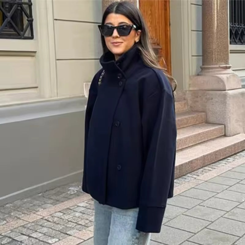 Peacoat Winter Jacket with High Collar – Short Minimalist Coat