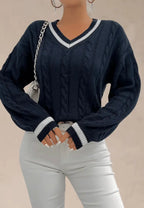Women's Classic Cable Knit V-Neck Sweater with Contrast Ribbed Trim