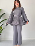 Women's Pleated Belted Top and Wide-Leg Trouser Set