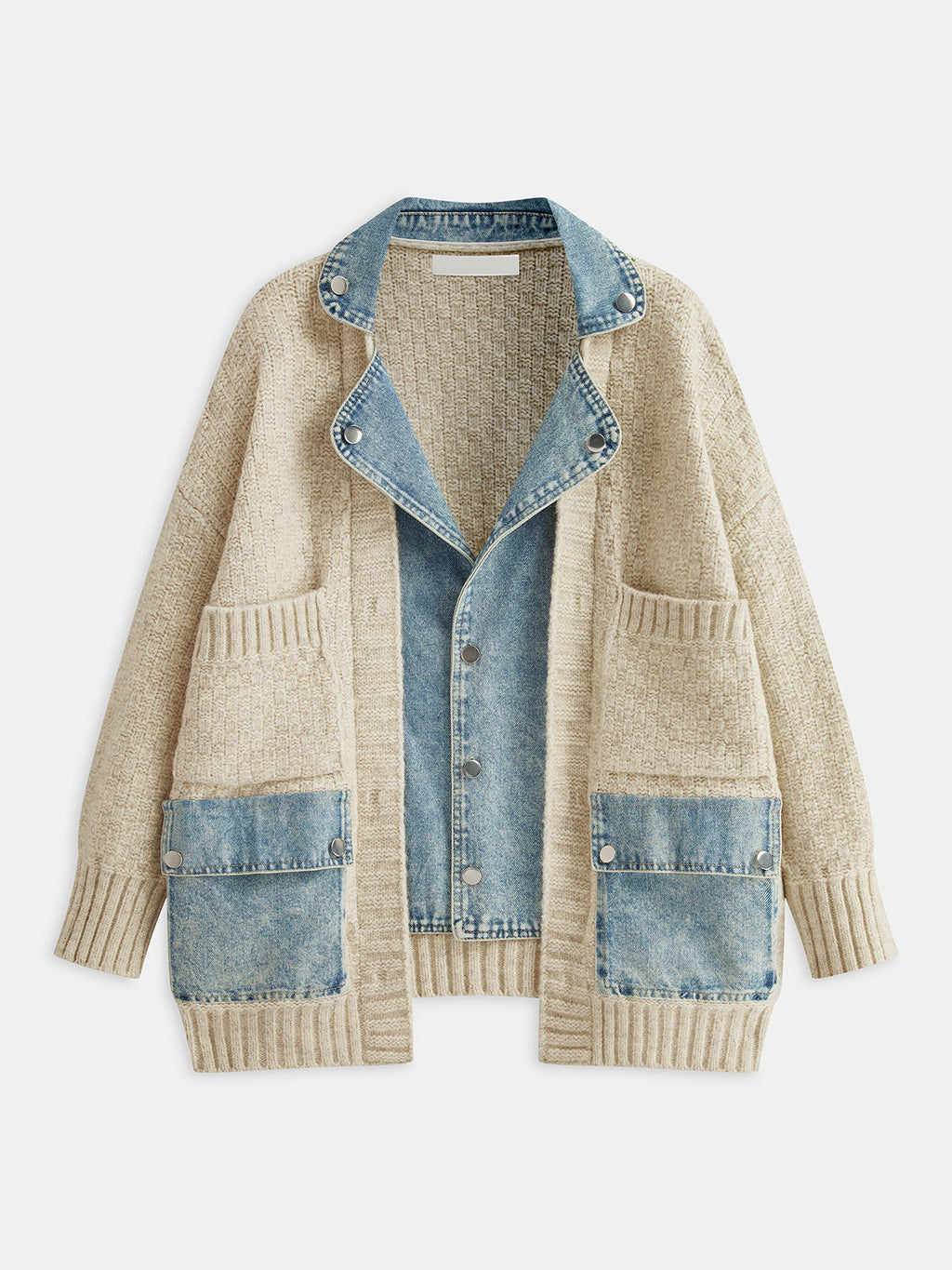 Women's Oversized Textured Knit Cardigan with Denim Panels and Snap Buttons