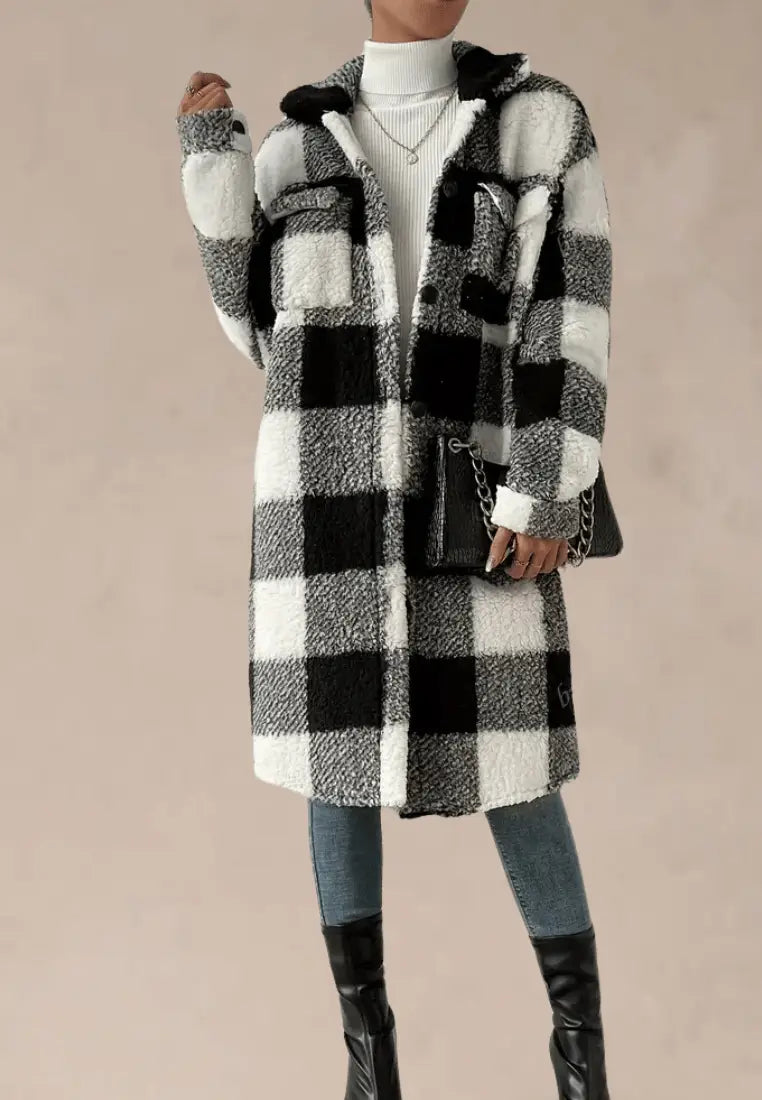 Women's Longline Teddy Fleece Coat with Classic Printed Design and Button
