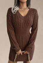 Women's Elegant Cable Knit V-Neck Mini Dress with Fitted Ribbed Waist