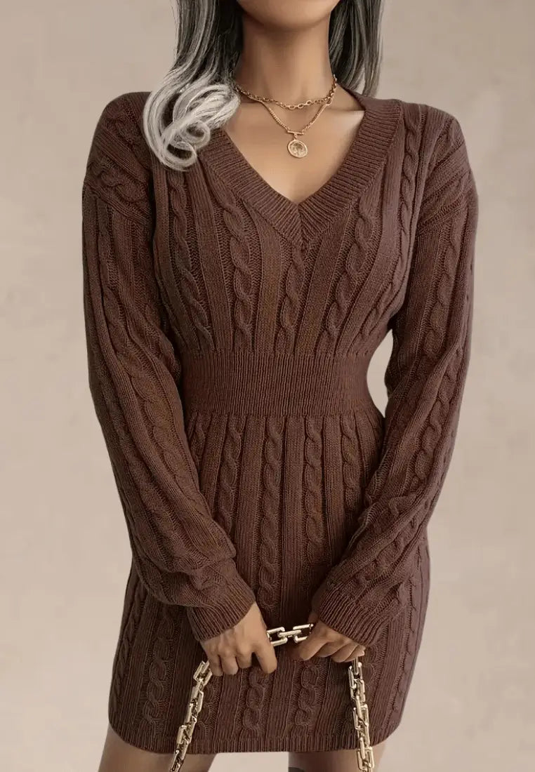 Women's Elegant Cable Knit V-Neck Mini Dress with Fitted Ribbed Waist