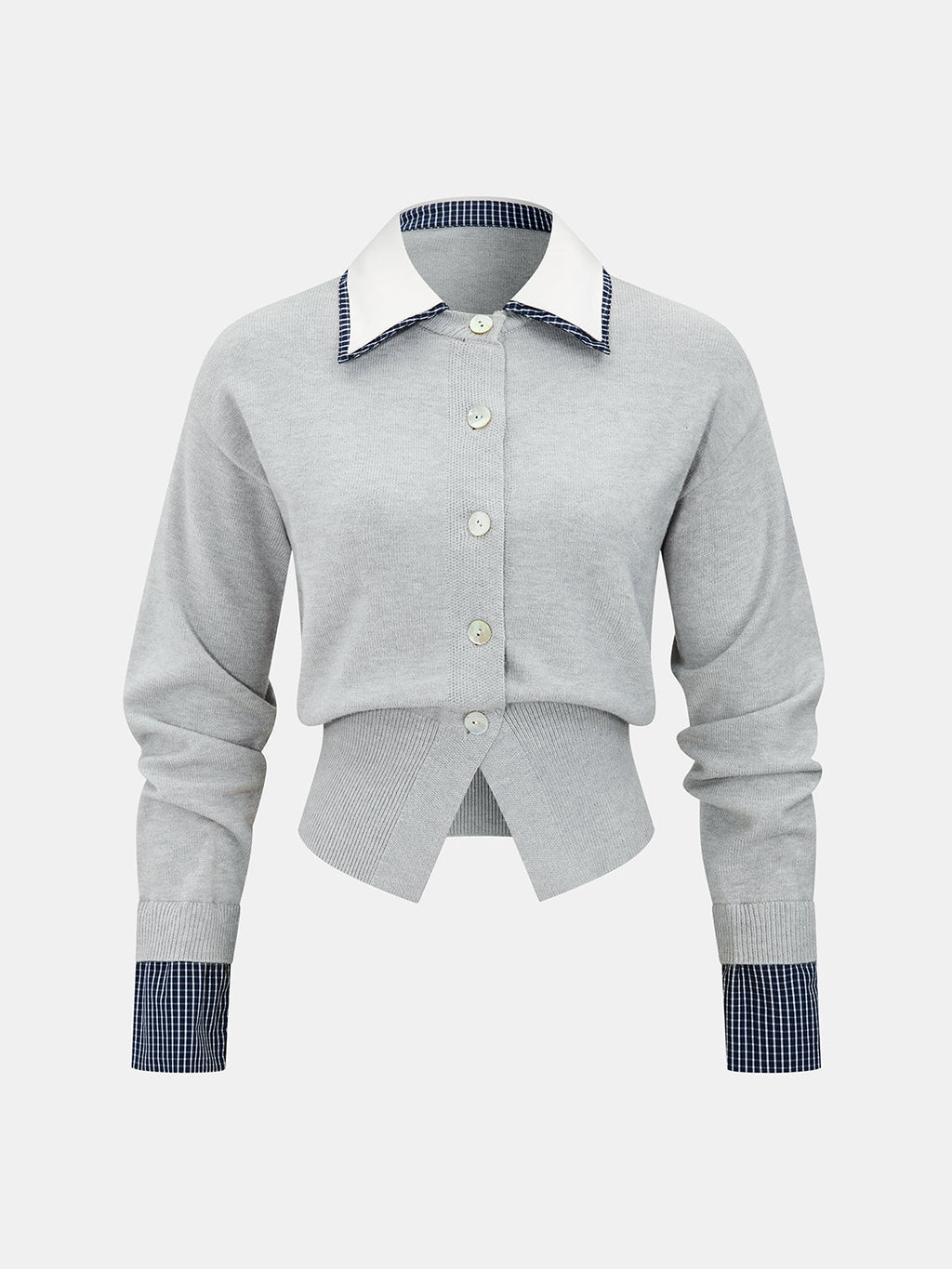 Women's Cropped Fine Knit Cardigan with Contrast Shirt Collar and Button