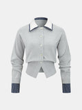 Women's Cropped Fine Knit Cardigan with Contrast Shirt Collar and Button