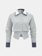 Women's Cropped Fine Knit Cardigan with Contrast Shirt Collar and Button