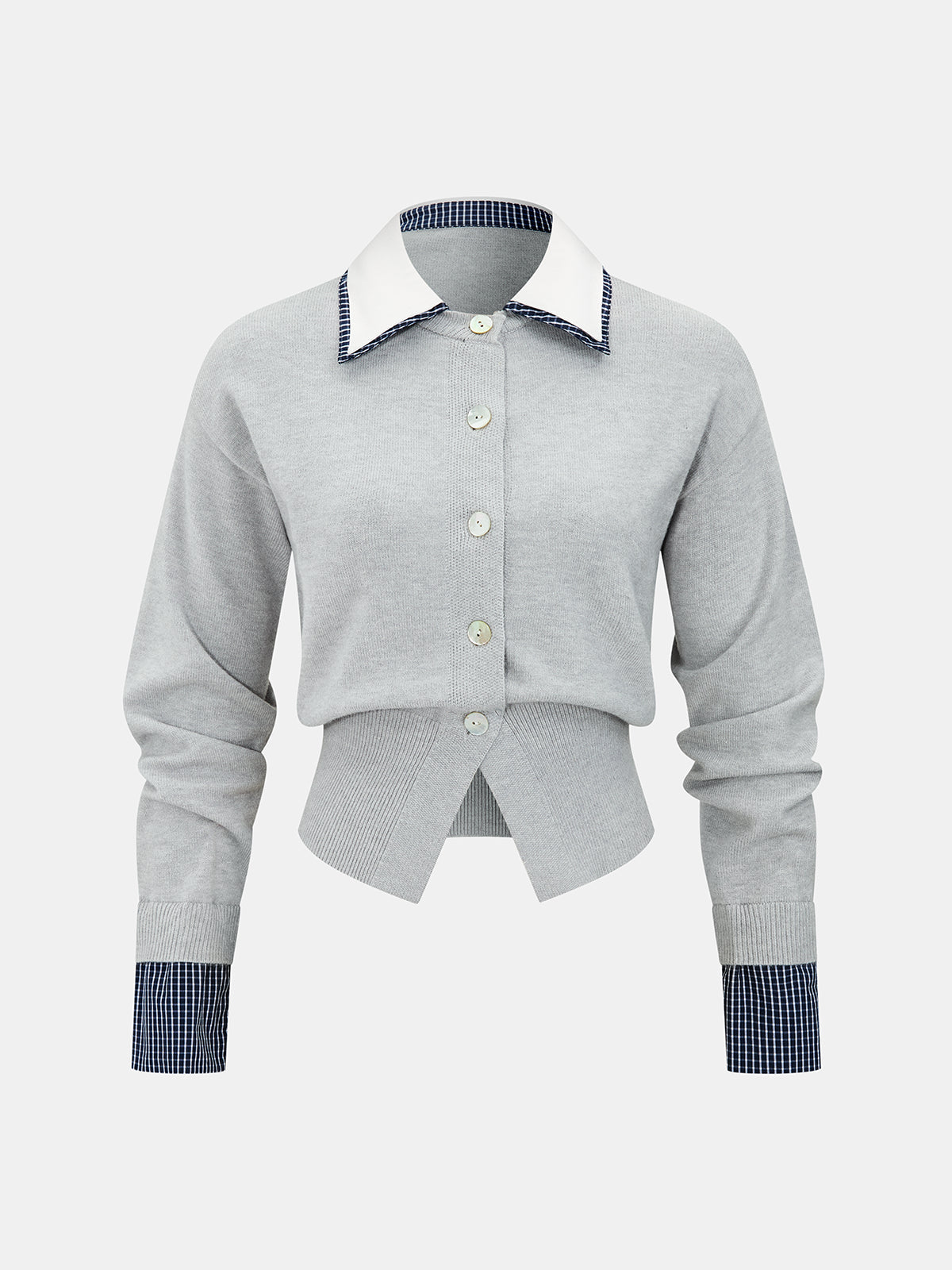 Women's Cropped Fine Knit Cardigan with Contrast Shirt Collar and Button