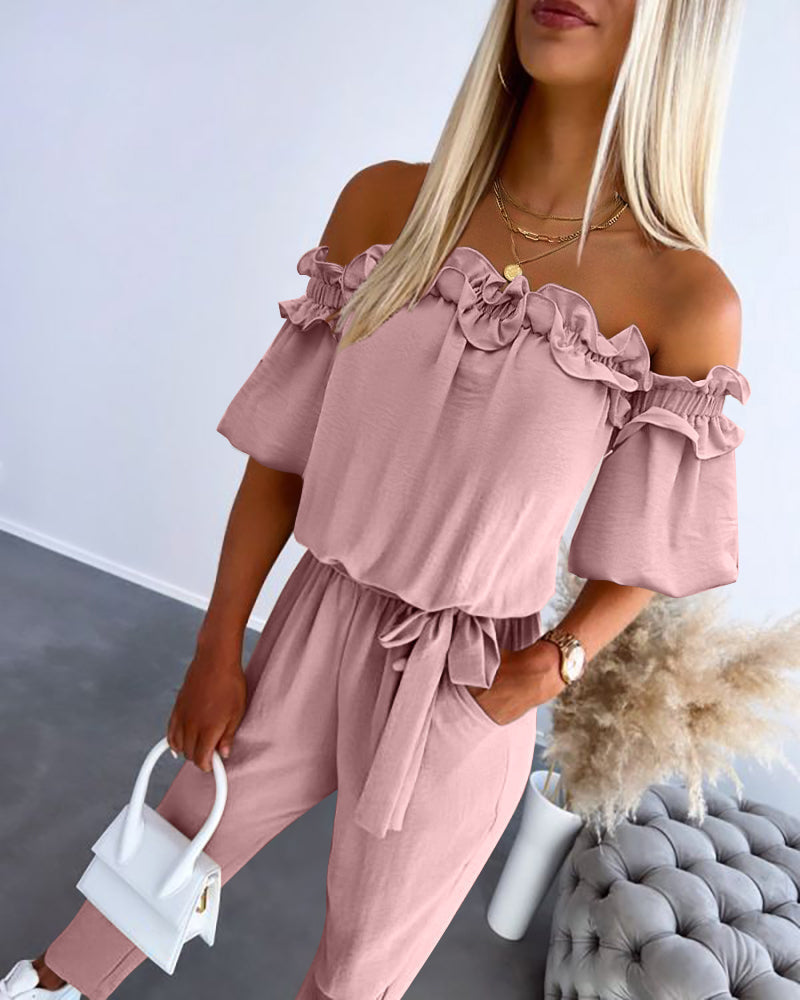 Off-Shoulder Frill Trim Short Sleeve Tie Waist Casual Jumpsuit | Meave & Ivy